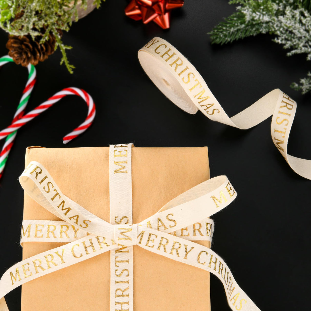 10 Yard Christmas Cotton Ribbon - Glitter, Elegant, Merry, Natural for Craft Gift Wrapping (Golden) WHQXFDZ