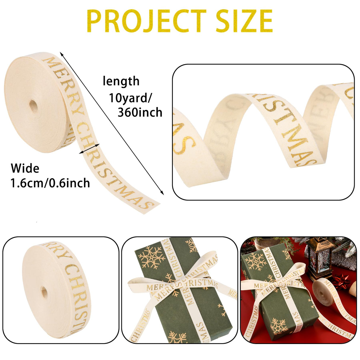 10 Yard Christmas Cotton Ribbon - Glitter, Elegant, Merry, Natural for Craft Gift Wrapping (Golden) WHQXFDZ