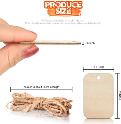 100 Pcs Unfinished Wood Pieces Rectangle-Shaped, Light Wooden Cutout Natural Rustic with Hole, and 2M Hemp Rope (2” X 1.3”) - WoodArtSupply