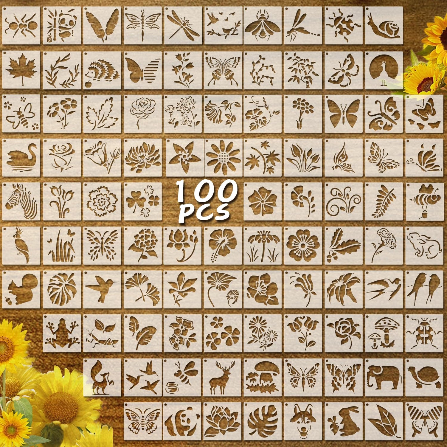 100 Pieces Stencil for Painting,3 Inch Flower Stencils DIY Craft Animal Reusable Template Paint Stencils for Painting on Wood, Crafts, Wall Home Decor NIKOMIE