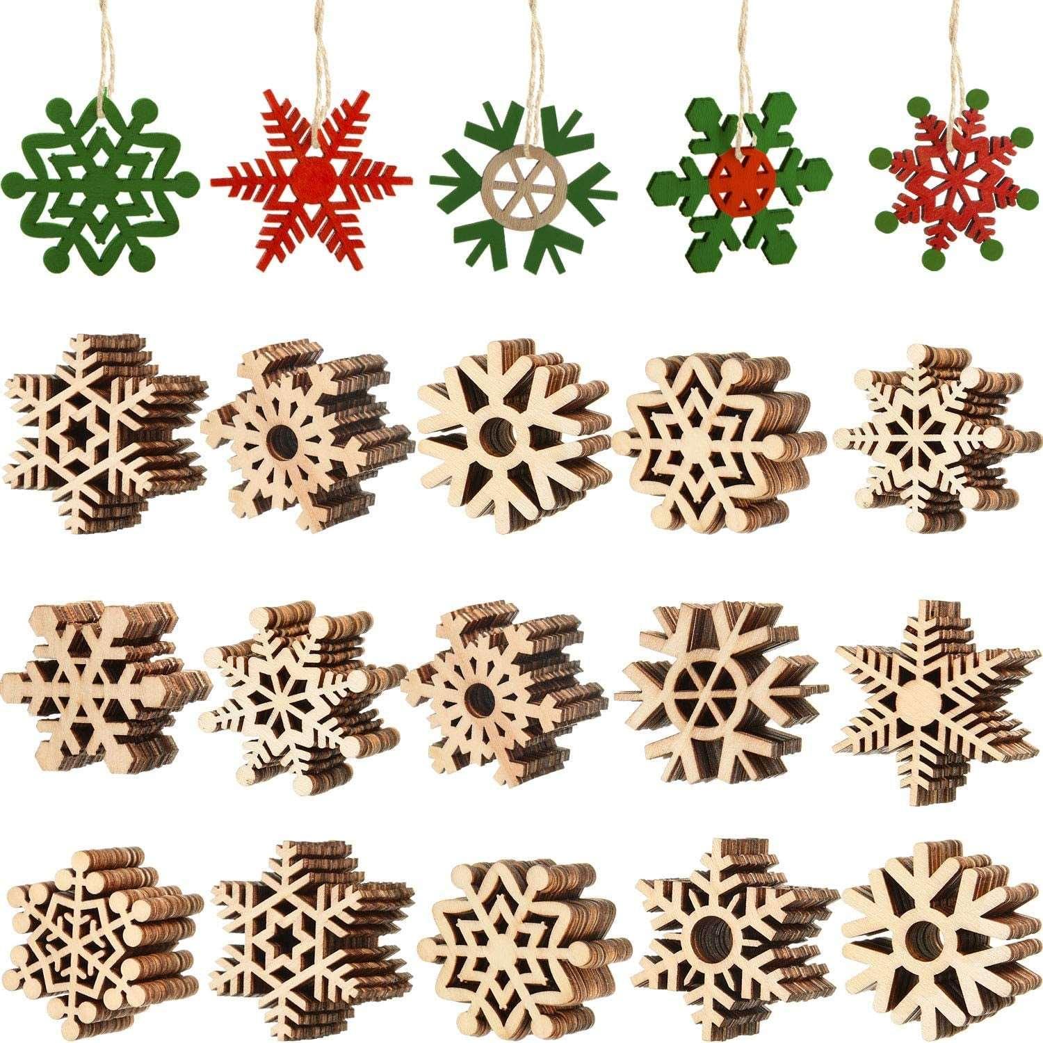 100 Pieces Unfinished Wooden Snowflake Ornaments Hanging Cutouts Blank Wood Slices with Cord Christmas Craft - WoodArtSupply