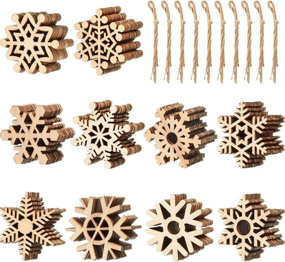 100 Pieces Unfinished Wooden Snowflake Ornaments Hanging Cutouts Blank Wood Slices with Cord Christmas Craft - WoodArtSupply
