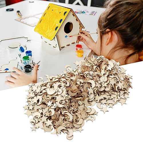 1000PCS Unfinished Wooden Moon Star Ornaments, Christmas Wooden Moon Star Blank Wooden Slices Mini Moon Star Ornament for DIY Making HERCHR