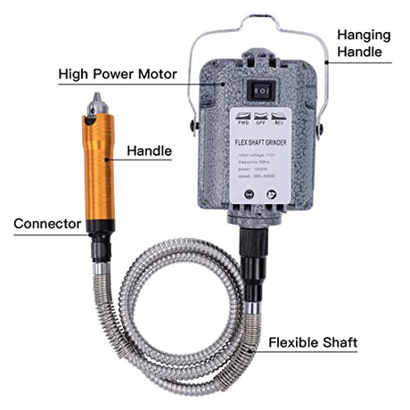 1000W 30000RPM Electric Flex Shaft Rotary Tool Foot Pedal Control Flex Shaft Hanging Grinder Carver Can Forward-Reverse Rotation, Multi-function Kit GESD