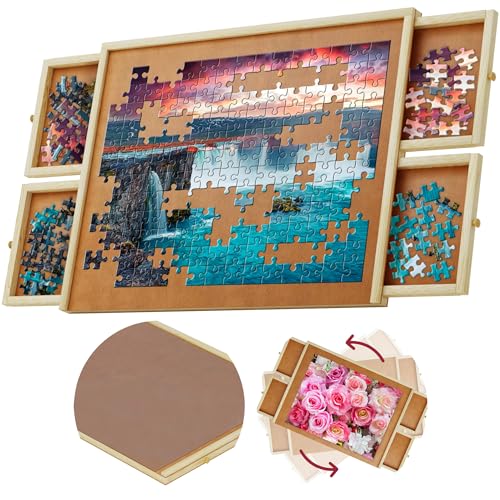 1000 Piece Wooden Jigsaw Puzzle Board - 4 Drawers, Rotating Puzzle Table | 30” X 22” Jigsaw Puzzle Table | Puzzle Cover Included - Portable Puzzle Tables for Adults and Kids by Beyond Innoventions Beyond Innoventions