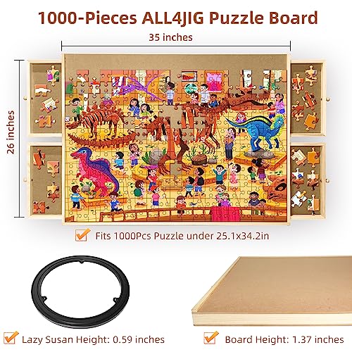 1000 Piece Wooden Jigsaw Puzzle Table - 4 Drawers, Puzzle Board | Portable, Rotating Puzzle Table for Adults and Kids. Keep All Your Puzzle Pieces Organized - 22 1/4” x 30" Sidypro