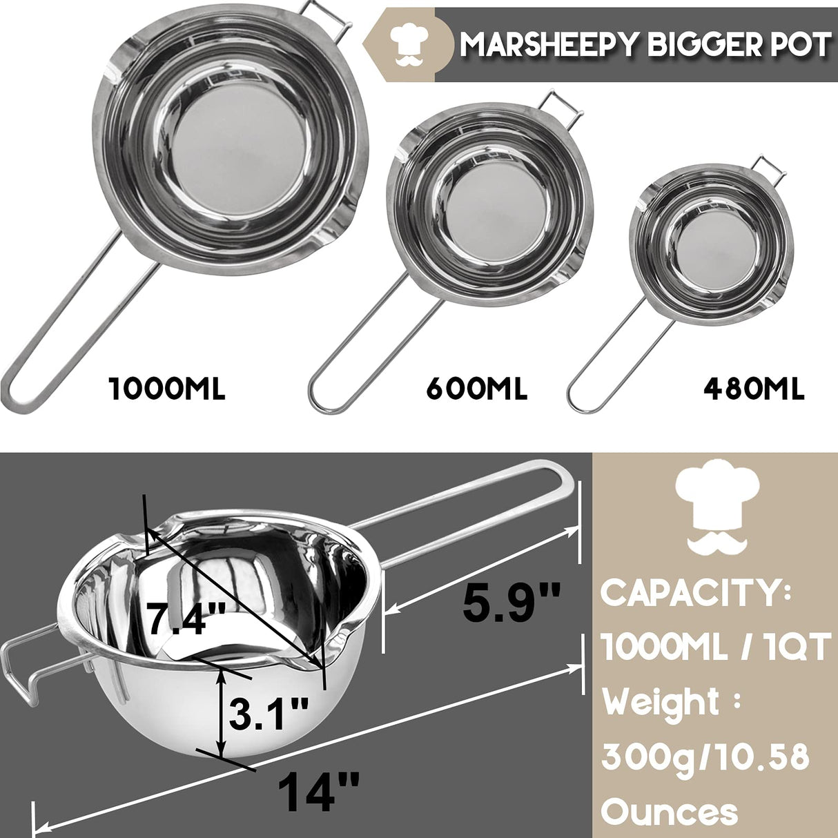 1000ML/1QT Double Boiler Chocolate Melting Pot with 2QT 304 Stainless Steel Pot, Chocolate Melting Pot with Silicone Spatula for Melting Chocolate, Candy, Candle, Soap, Wax Marsheepy