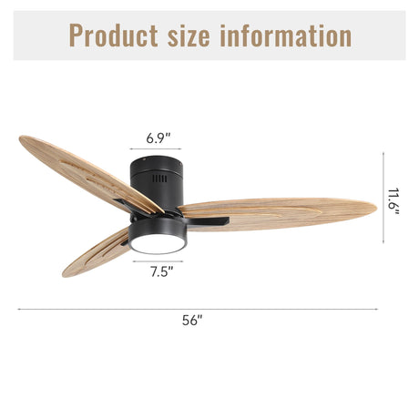 Flush Mount Ceiling Fan With Light and Remote Control, 3 Blades, Reversible DC Motor - Black HouseOfZazla