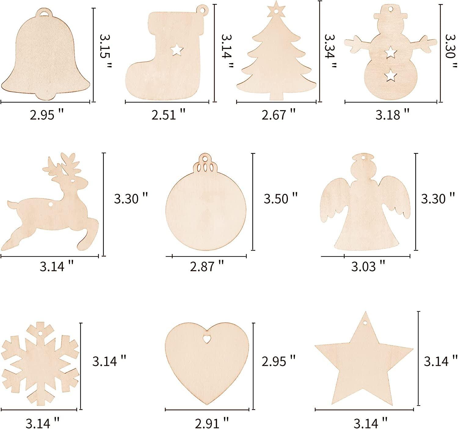 100PCS DIY Wooden Christmas Ornaments Unfinished Predrilled Wood Circles for Crafts Centerpieces Holiday Hanging Decorations in 10 Shapes WoodArtSupply