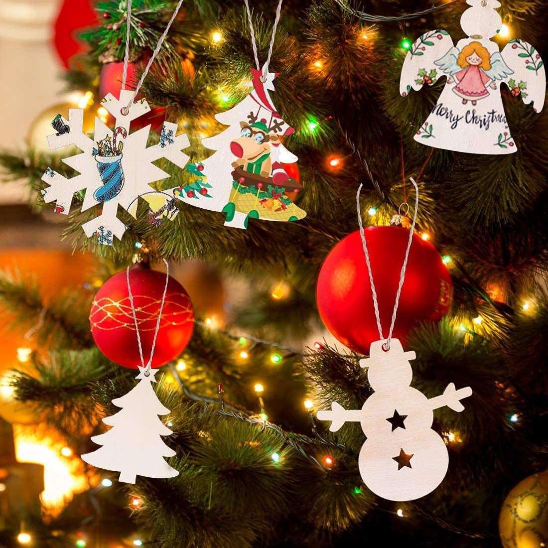 100PCS DIY Wooden Christmas Ornaments Unfinished Predrilled Wood Circles for Crafts Centerpieces Holiday Hanging Decorations in 10 Shapes WoodArtSupply