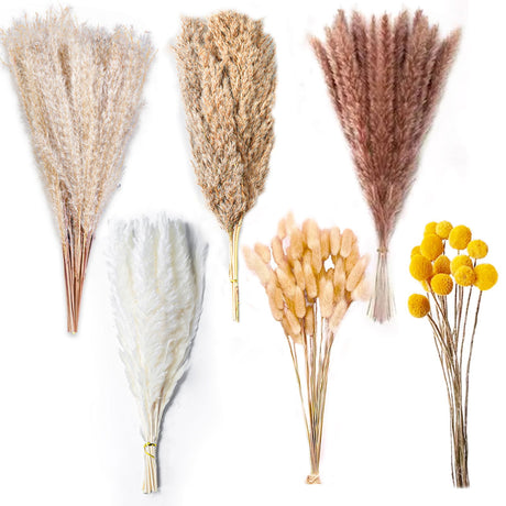 100PCS Natural Dried Pampas Grass Decor - 17.5" Fluffy Pampas Grass Bouquet - Boho Home Decor Dried Flowers for Wedding Floral Room Home Party Table Decorations Secatoho