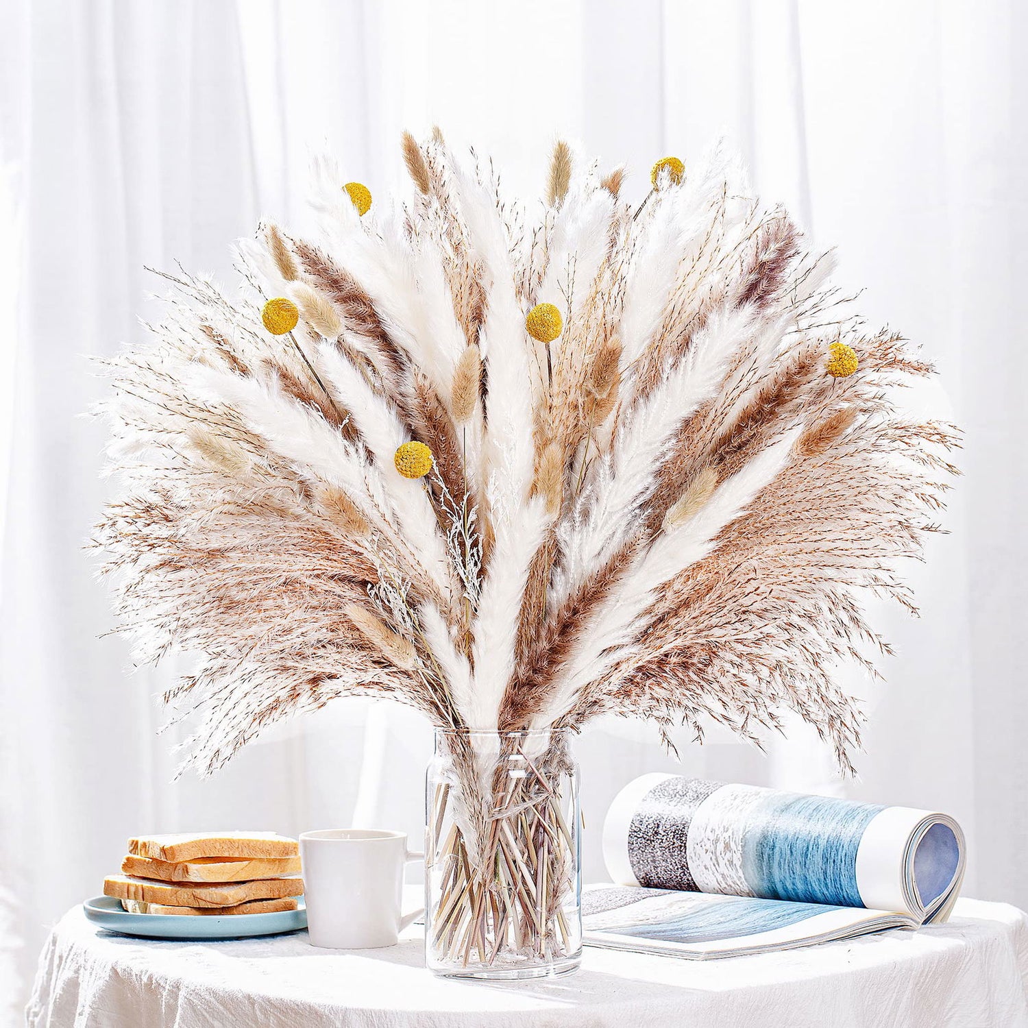 100PCS Natural Dried Pampas Grass Decor - 17.5" Fluffy Pampas Grass Bouquet - Boho Home Decor Dried Flowers for Wedding Floral Room Home Party Table Decorations Secatoho