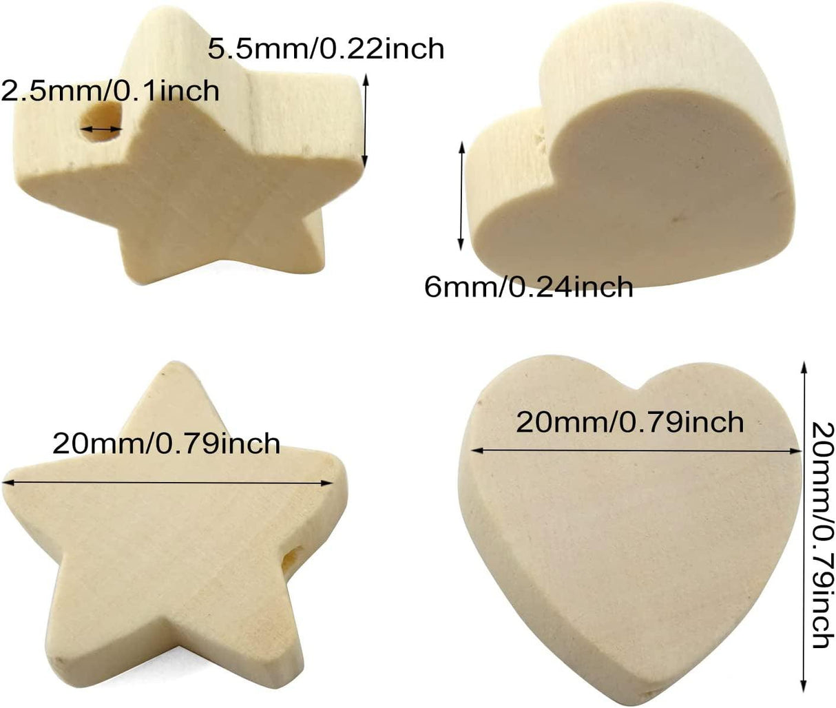 100PCS Wooden Spacer Beads Unfinished Star Heart Shape Wood Loose Beads with Hole for Crafts DIY Jewelry Making (20Mm) WoodArtSupply