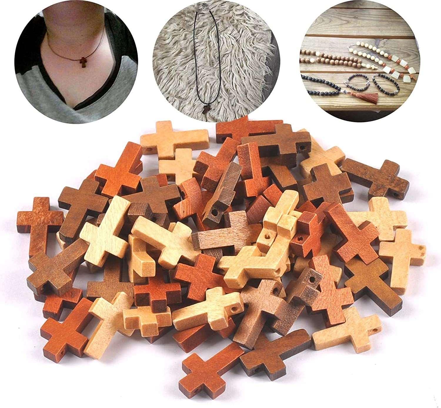 100Pcs Cross Beads Wooden Charms Pendant Jewelry Kids Gifts Wood DIY Craft Supplies WoodArtSupply