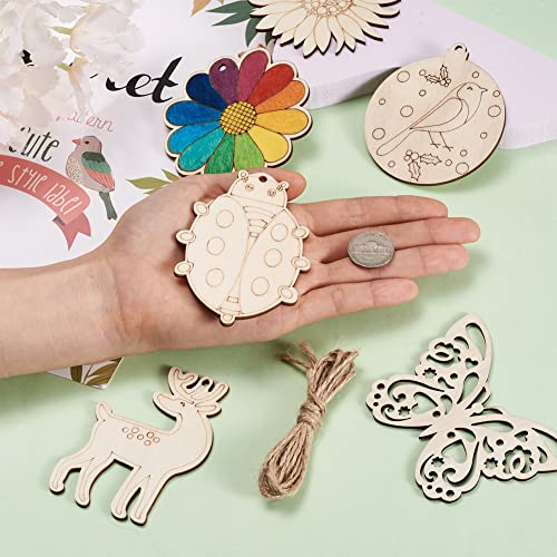 100Pcs Insects Flower Cutouts Wood Slices Unfinished Wooden Ornaments with Hemp Rope for Art Painting, DIY Crafts Project Home Decoration, 10 Styles EEE ELECRELIVE