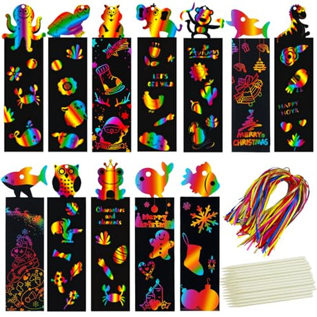 100Pcs Scratch Art Bookmarks Making Kit for Kids, Scratch Paper DIY Animal Bookmarks Bulk with 100 Pcs Ribbons and 100 Pcs Wood Stylus for Classroom Tcvents