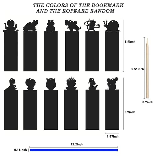 100Pcs Scratch Art Bookmarks Making Kit for Kids, Scratch Paper DIY Animal Bookmarks Bulk with 100 Pcs Ribbons and 100 Pcs Wood Stylus for Classroom Tcvents