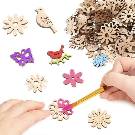100Pcs Wood Crafts Flowers for Wooden Slices Embellishments Butterflies Butterfly Tiny Bird WoodArtSupply