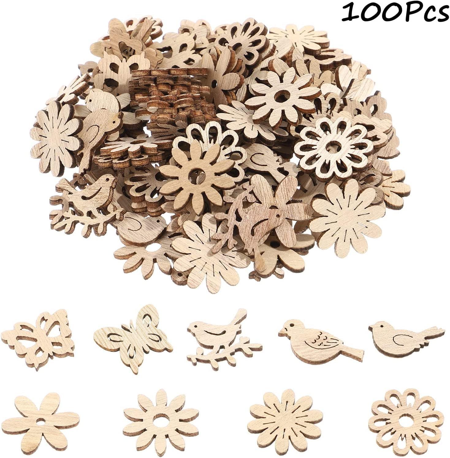 100Pcs Wood Crafts Flowers for Wooden Slices Embellishments Butterflies Butterfly Tiny Bird WoodArtSupply