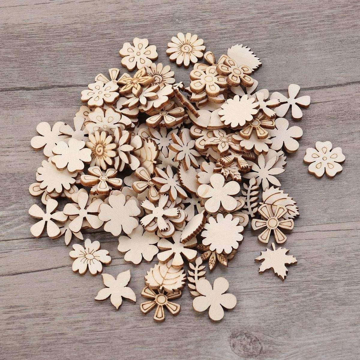 100Pcs Wood Discs Slices Flower Shape Unfinished Wooden Cutouts Craft DIY Decoration WoodArtSupply