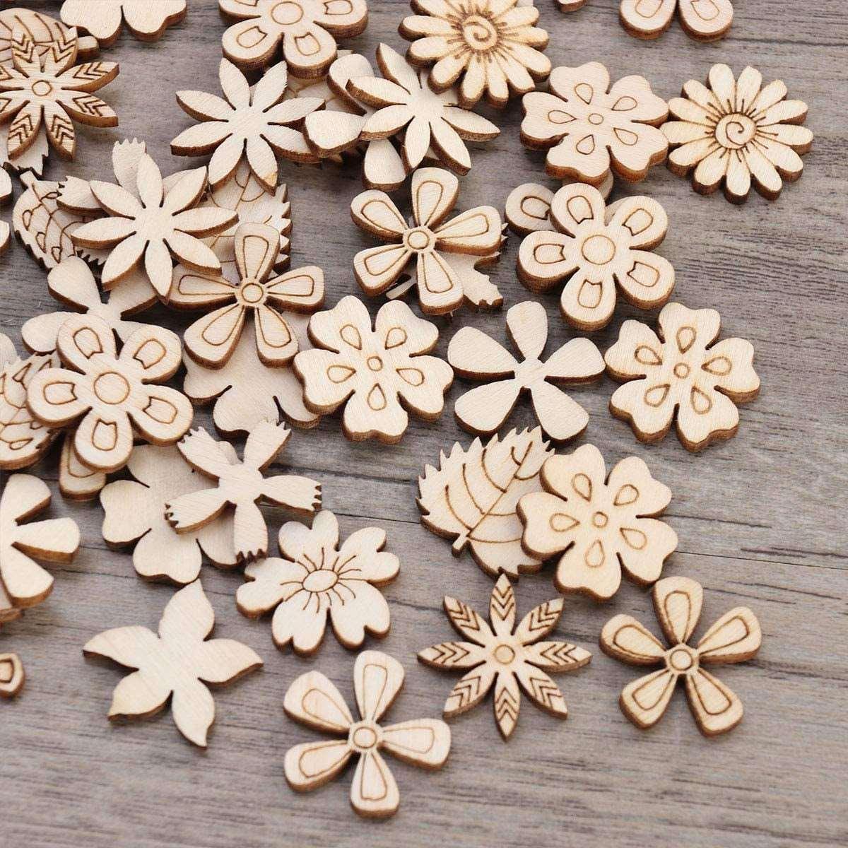 100Pcs Wood Discs Slices Flower Shape Unfinished Wooden Cutouts Craft DIY Decoration WoodArtSupply