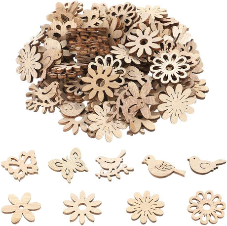 100Pcs Wooden Cutouts Wood Bird Butterfly Flower Slices Wooden Table Rustic for DIY Craft Making Supplies WoodArtSupply