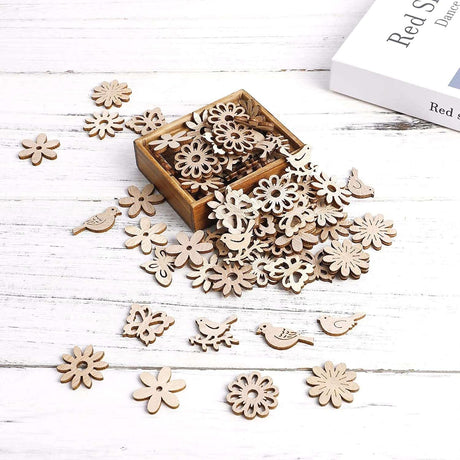 100Pcs Wooden Cutouts Wood Bird Butterfly Flower Slices Wooden Table Rustic for DIY Craft Making Supplies WoodArtSupply