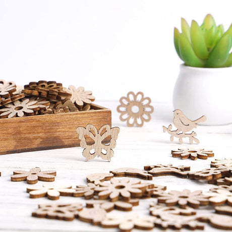 100Pcs Wooden Cutouts Wood Bird Butterfly Flower Slices Wooden Table Rustic for DIY Craft Making Supplies WoodArtSupply