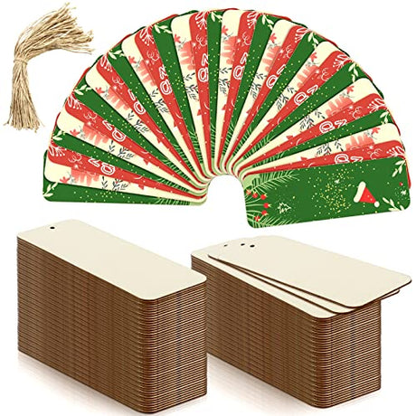 100 PCS 6 x 2 Inch Blank Wooden Gift Tags Labels Large Size Wood Blank Bookmarks with Holes and Ropes, Unfinished Wood Hanging Tags Rectangle Blank Jyongmer