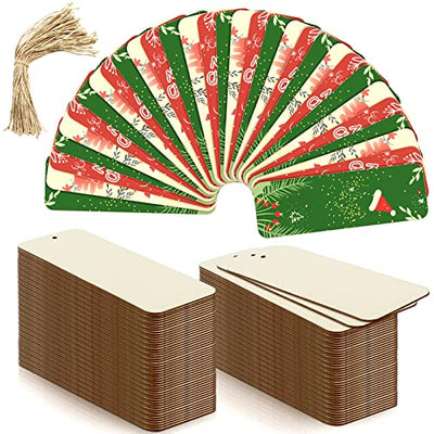 100 PCS 6 x 2 Inch Blank Wooden Gift Tags Labels Large Size Wood Blank Bookmarks with Holes and Ropes, Unfinished Wood Hanging Tags Rectangle Blank