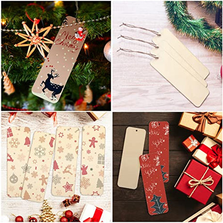 100 PCS 6 x 2 Inch Blank Wooden Gift Tags Labels Large Size Wood Blank Bookmarks with Holes and Ropes, Unfinished Wood Hanging Tags Rectangle Blank Jyongmer