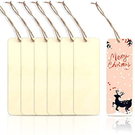 100 PCS 6 x 2 Inch Blank Wooden Gift Tags Labels Large Size Wood Blank Bookmarks with Holes and Ropes, Unfinished Wood Hanging Tags Rectangle Blank Jyongmer