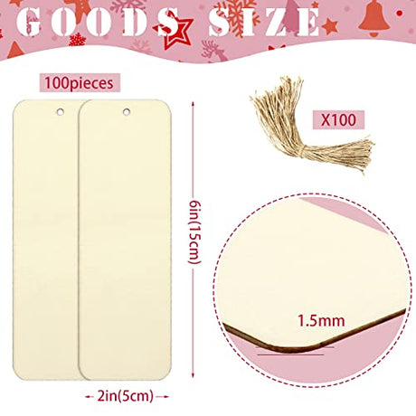 100 PCS 6 x 2 Inch Blank Wooden Gift Tags Labels Large Size Wood Blank Bookmarks with Holes and Ropes, Unfinished Wood Hanging Tags Rectangle Blank Jyongmer