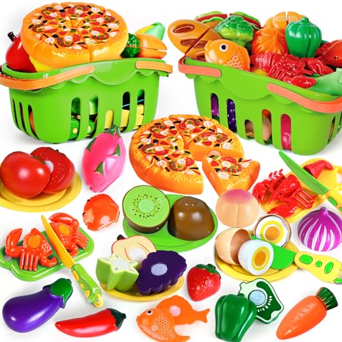 100 PCS Cutting Play Food Toy for Kids Kitchen, Pretend Food Kitchen Toys Accessories with 2 Baskets, Fake Food/Fruit/Vegetable, Christmas Birthday BAODLON