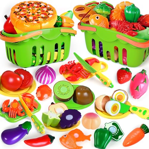 100 PCS Cutting Play Food Toy for Kids Kitchen, Pretend Food Kitchen Toys Accessories with 2 Baskets, Fake Food/Fruit/Vegetable, Christmas Birthday BAODLON