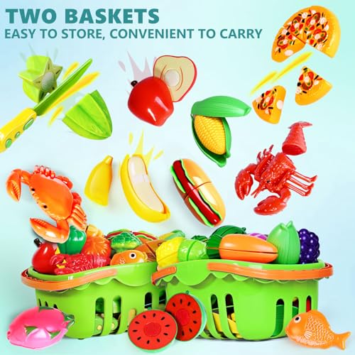 100 PCS Cutting Play Food Toy for Kids Kitchen, Pretend Food Kitchen Toys Accessories with 2 Baskets, Fake Food/Fruit/Vegetable, Christmas Birthday BAODLON