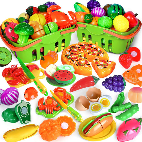 100 PCS Play Food Toy for Kids Toddler Toys, Pretend Food Toys for Toddlers, Play Kitchen Accessories with 2 Baskets, Cutting Food Toys, Christmas Shemira