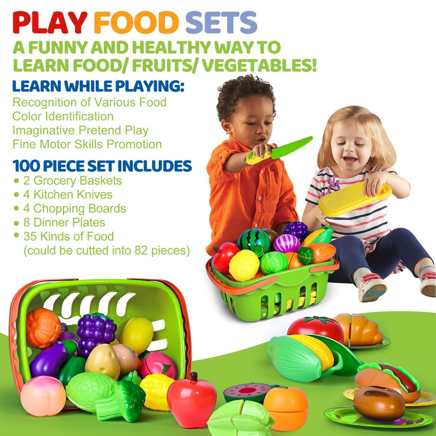 100 PCS Play Food Toy for Kids Toddler Toys, Pretend Food Toys for Toddlers, Play Kitchen Accessories with 2 Baskets, Cutting Food Toys, Christmas Shemira