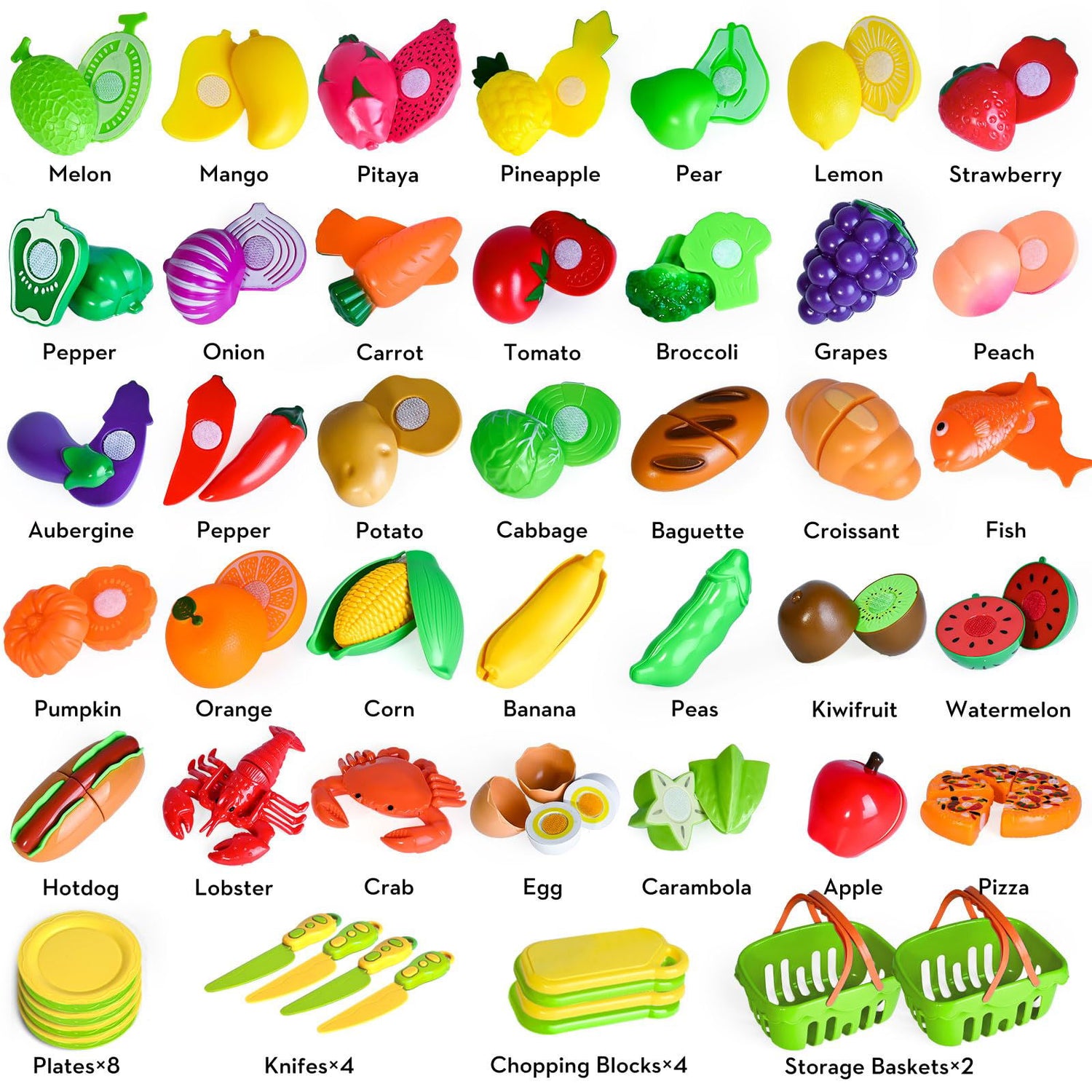 100 PCS Play Food Toy for Kids Toddler Toys, Pretend Food Toys for Toddlers, Play Kitchen Accessories with 2 Baskets, Cutting Food Toys, Christmas Shemira