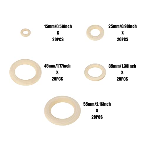 100 PCS Unfinished Natural Wooden Rings for Crafts, Wood Rings for DIY, Pendant Connectors, Jewelry Making, Macrame Supplies HANWER