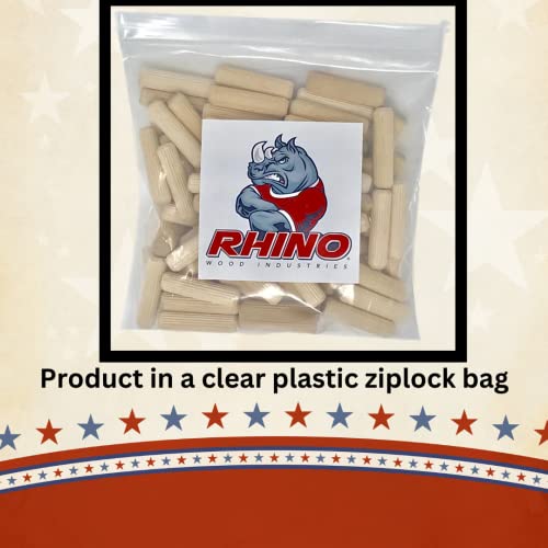 100 Pack 3/8" x 1 1/4" Wooden Dowel Pins Wood Kiln Dried Fluted and Beveled, Made of Hardwood Rhino Wood Industries