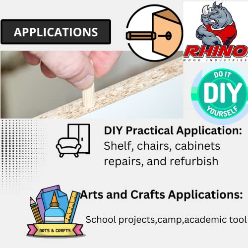 100 Pack 3/8" x 1 1/4" Wooden Dowel Pins Wood Kiln Dried Fluted and Beveled, Made of Hardwood Rhino Wood Industries