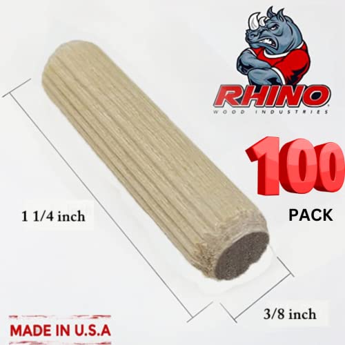 100 Pack 3/8" x 1 1/4" Wooden Dowel Pins Wood Kiln Dried Fluted and Beveled, Made of Hardwood Rhino Wood Industries