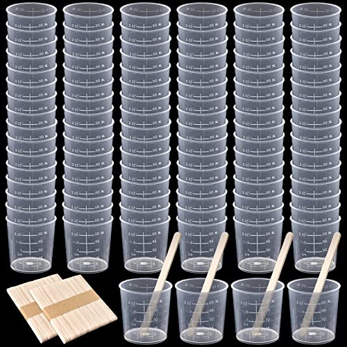 100 Pack 60ml/2oz Plastic Graduated Cups Transparent Scale Cups Plastic Measuring Cups Clear Epoxy Mixing Cups with 100 Pack Wooden Stirring Sticks Mototo