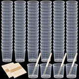 100 Pack 60ml/2oz Plastic Graduated Cups Transparent Scale Cups Plastic Measuring Cups Clear Epoxy Mixing Cups with 100 Pack Wooden Stirring Sticks Mototo