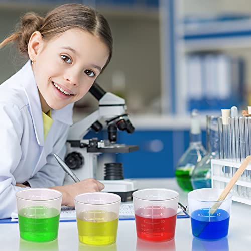 100 Pack 60ml/2oz Plastic Graduated Cups Transparent Scale Cups Plastic Measuring Cups Clear Epoxy Mixing Cups with 100 Pack Wooden Stirring Sticks Mototo