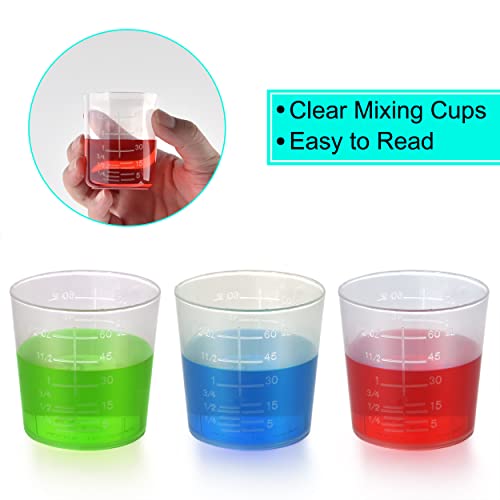 100 Pack 60ml/2oz Plastic Graduated Cups Transparent Scale Cups Plastic Measuring Cups Clear Epoxy Mixing Cups with 100 Pack Wooden Stirring Sticks Mototo