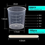 100 Pack 60ml/2oz Plastic Graduated Cups Transparent Scale Cups Plastic Measuring Cups Clear Epoxy Mixing Cups with 100 Pack Wooden Stirring Sticks Mototo