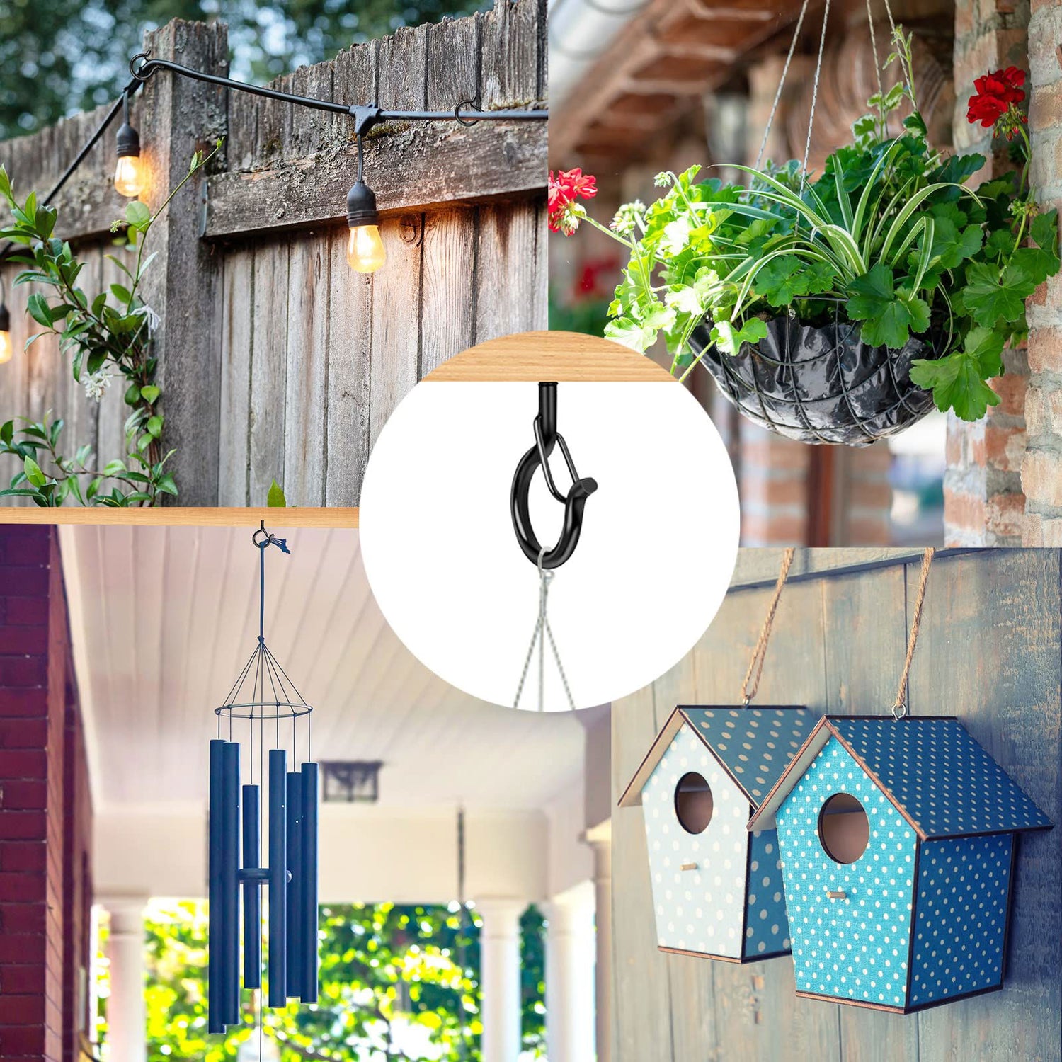 100 Pack Screw-in Hooks for Outdoor String Lights, Q Hangers String Light Hooks Outdoor for Outside, Swivel Hanging Basket Patio Light Hooks with Safe Buckle Screw in Eye Planter Hook for Wall Ceiling FSAH