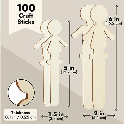 100 Pack Unfinished People Shaped Craft Sticks, Wooden Popsicle Sticks for DIY Projects Juvale